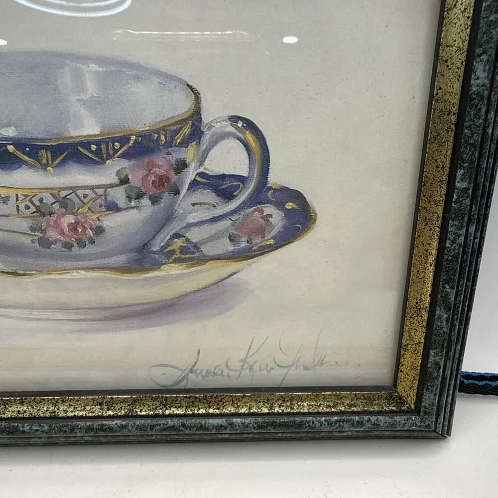 Set of 2 Vintage Signed Teacup & Saucer Framed Art Prints Floral Kitchen Decor *